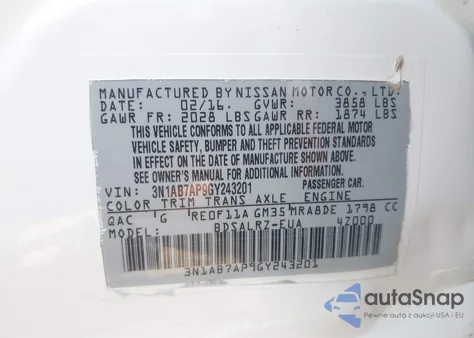 2016 Nissan Sentra Sr из США, поврежденный, VIN 3N1AB7AP9GY243201